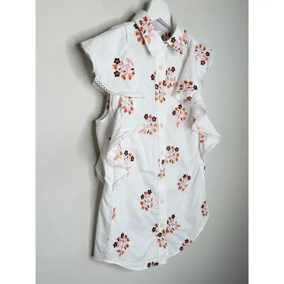 Pearl by Lela Rose Embroidered Floral Ruffle Trim Button-Up Shirt White Small - Picture 4 of 11